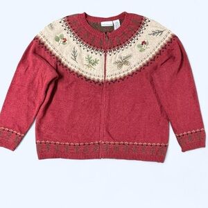 Vintage Red Holiday Christmas Cardigan Sweater Zip Up XL Festive Cottagecore